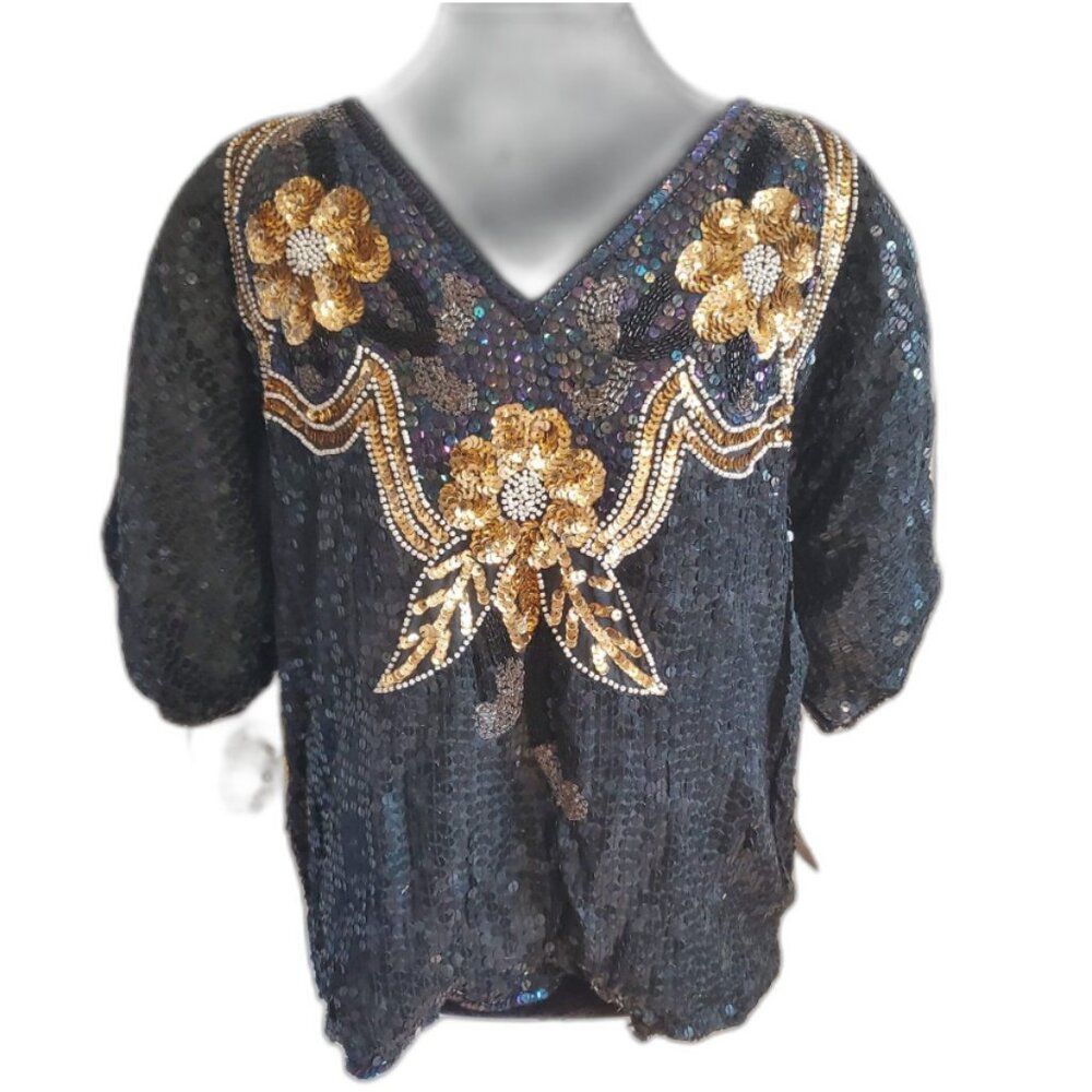 VTG 80s Jewel Queen 100% Silk Sequin Top Size XL Maximalism Evening Glam holiday